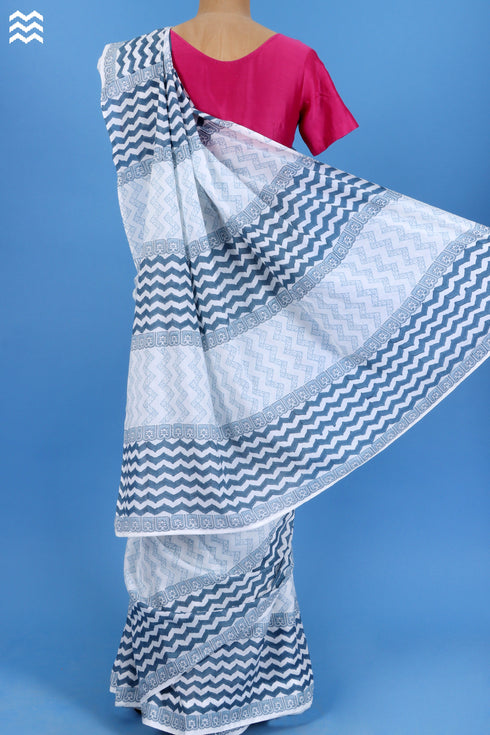 Mulmul Cotton Saree With Fall In Graphic Block Print